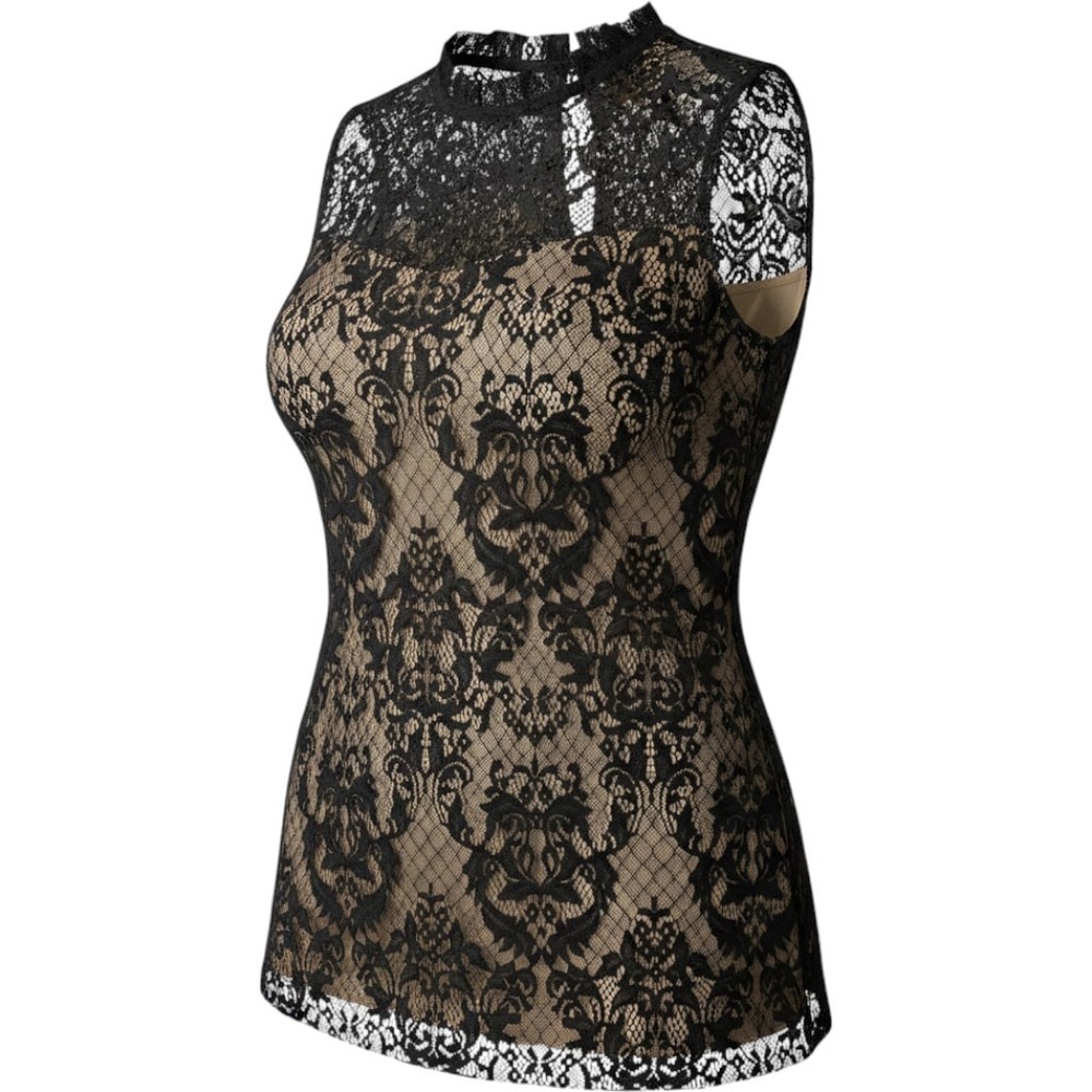Fortune + Ivy Bellah Lace Top Womens L Black Excellent Mock Neck Keyhole Back